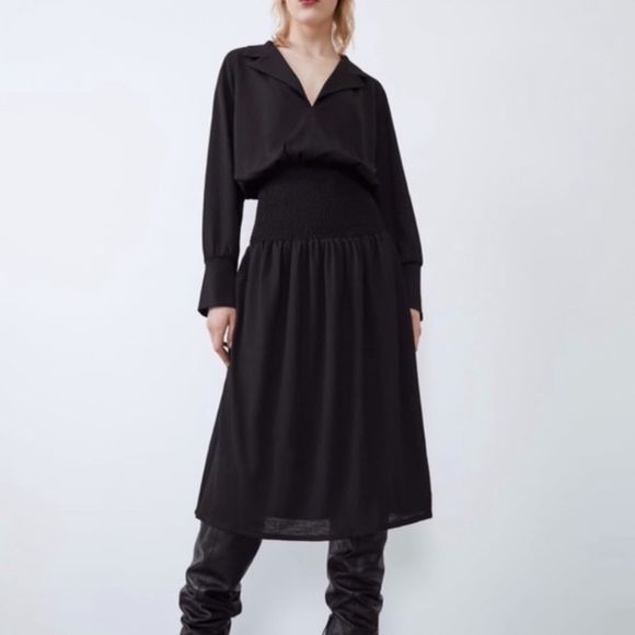 ZARA elastic waist long sleeve black midi dress - Picture 1 of 7